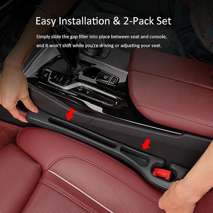 Car Seat Gap Filler, 2 Pack Universal Seat Gap Filler Strip with Seatbelt Slot, Anti-Drop Pad & Car Organizer for The Gap Between Seat and Console, Stop Items from Falling - Black