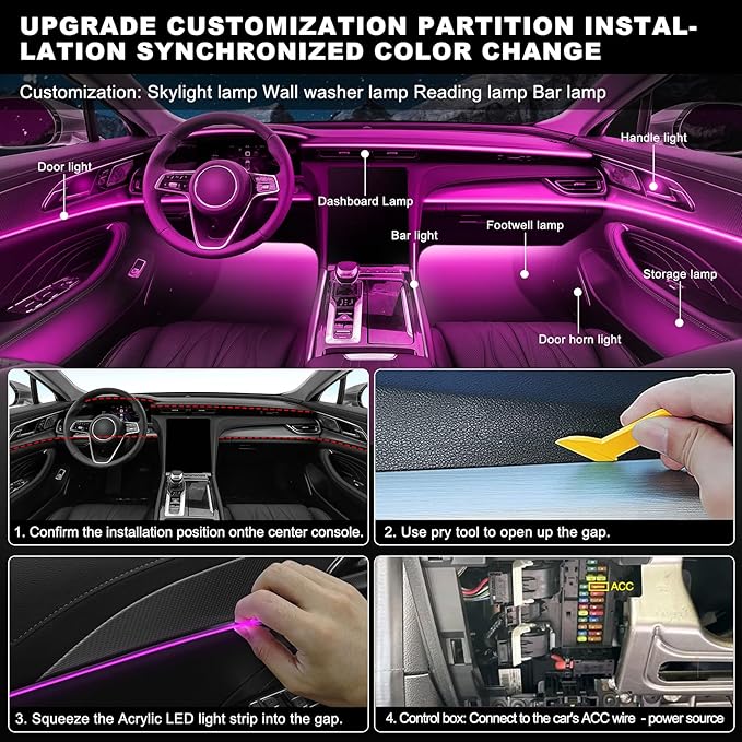 Acrylic Interior Car LED Strip Light with APP, RGB 6 in 1 with 175 inches 600 LEDs Fiber Optic Ambient Lighting Kits, 16 Million Colors Sound Active Function Car Neon LED Strip for Car