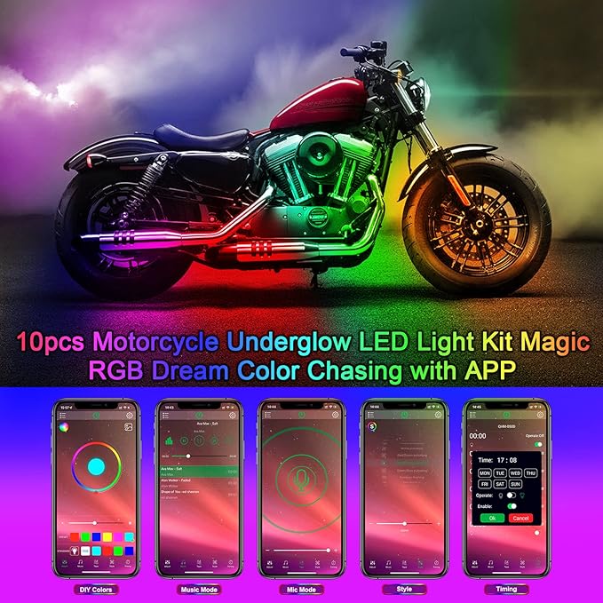 12Pcs Motorcycle LED Underglow Kit, RGB LED Strips Lights, Motorcycle Underglow Lights Kit with APP Control for Harley Davidson Honda Kawasaki Suzuki