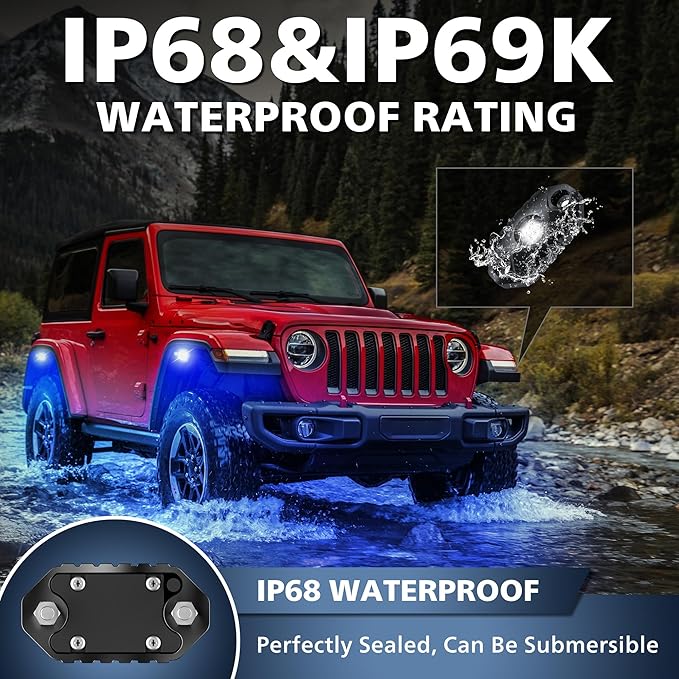 4WDKING Blue LED Rock Lights, 2 Pods IP68 Waterproof Underbody Glow Trail Rig Lamp LED Neon Lights for Truck Off Road Truck Car Boat ATV SUV Motorcycle
