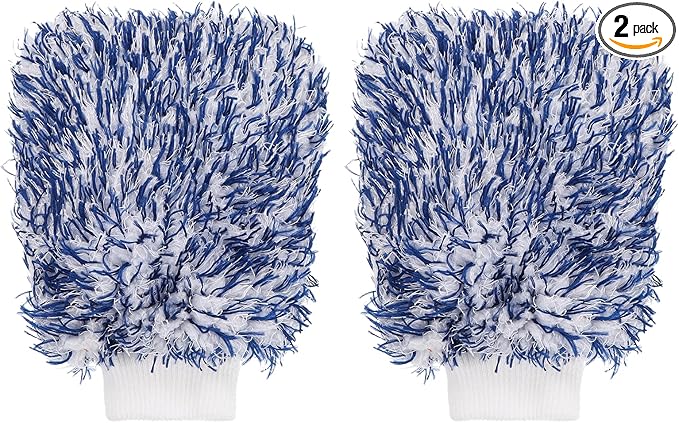 HARFINGTON 2pcs Chenille Microfiber Car Wash Mitts 9.1" x 6.7" Scratch Free Wash Gloves Absorbent Double Sided Plush Cleaning Drying Mitts for Car Washing Home, Blue