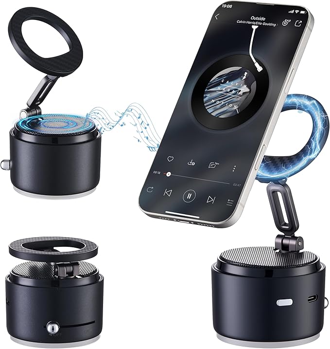 Car Phone Holder for Magsafe with Wireless Bluetooth Speaker, Cell Phone Stand HD Surround Sound Perfect for Home and Outdoors with Bluetooths Speakers for Desk Compatible with iPhone/Samsung Galaxy
