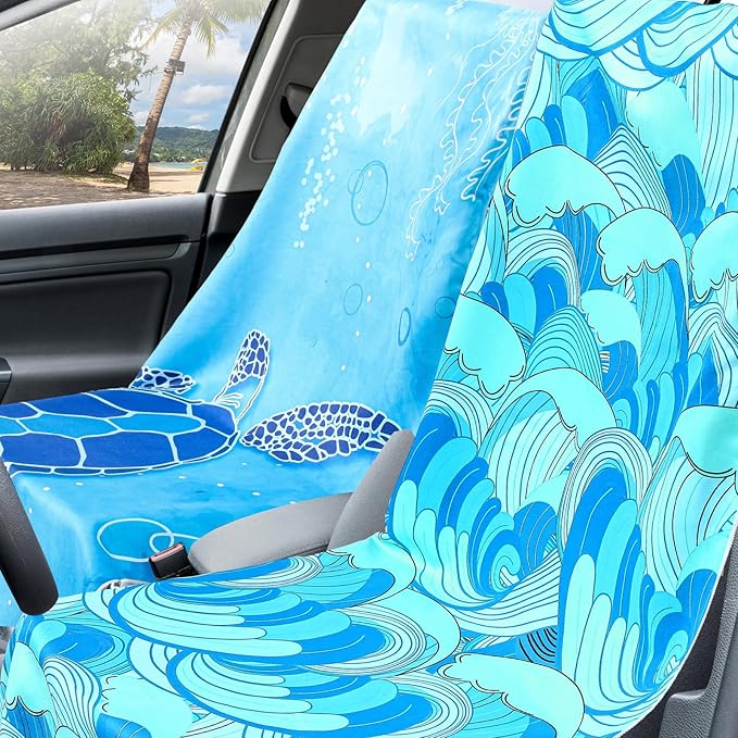 Hahafelt 4 Pack Car Seat Towel Covers with Storage Bag, 63 x 32 Inch Universal Non Slip Waterproof Sweat Protector for Car Truck, Gym Swimming Running, Machine Washable (Ocean Landscape)