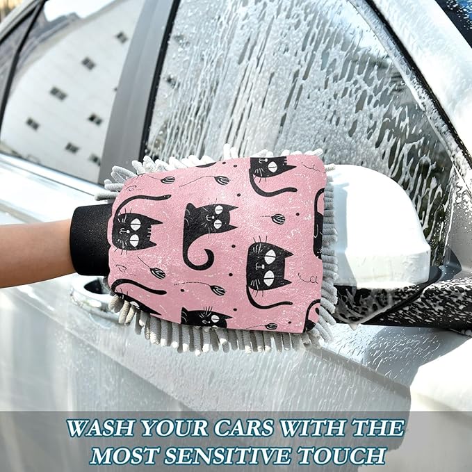 Blueangle 2 Pack Black Cats Car Wash Mitt - Chenille Microfiber Scrub Mitts for Scratch-Free Car Washing & Home Cleaning, Auto Detailing Mitt（507）