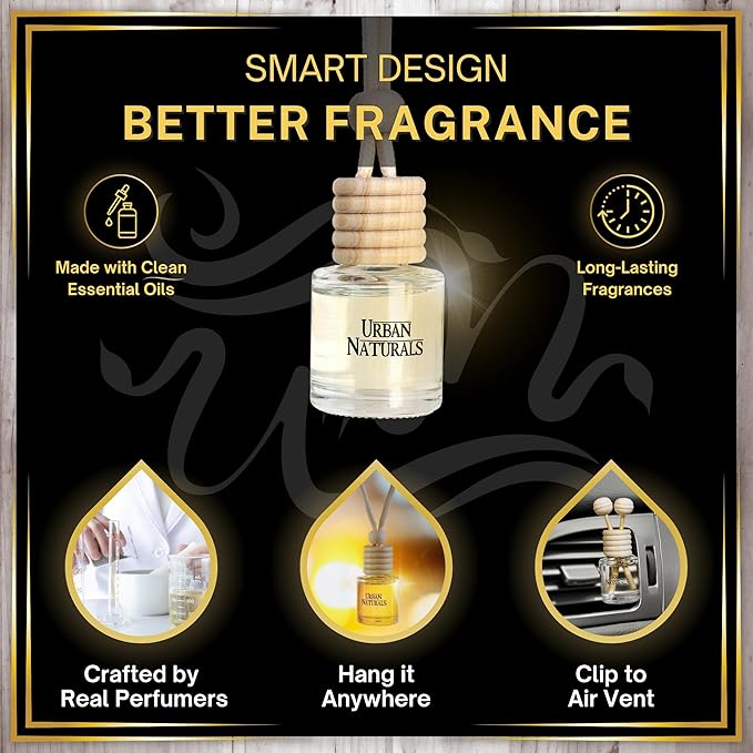 Urban Naturals Car Air Freshener Smoked Vanilla Scent Diffuser, Long Lasting Car Fresheners Made in USA, Odor Eliminating Technology, Hanging Auto Accessories + Vent Clip (3 Pack)
