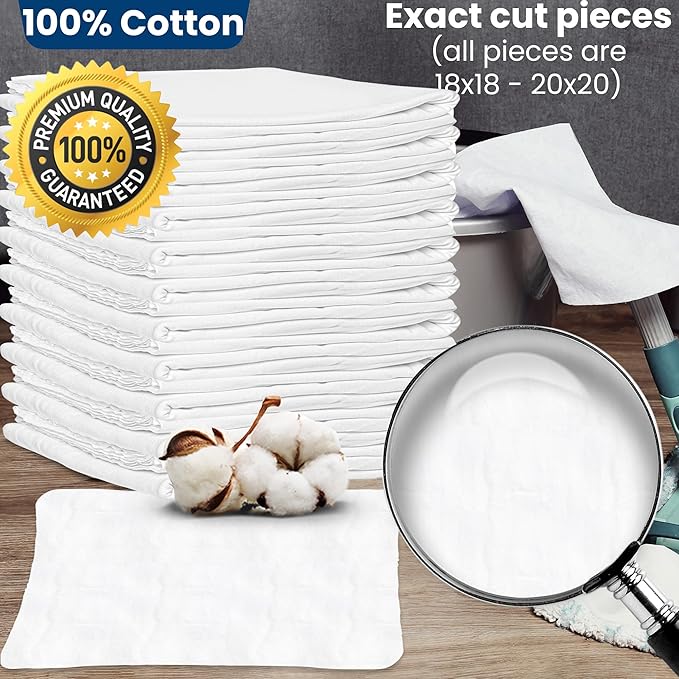 Nabob Wipers New Lint Free Cloth (45 Pack) - 100% Cotton Cleaning Rags Exact Cut - Premium White Rags for Cleaning House - White Rags for Dusting, Staining, Polishing, Painting 18"x18"