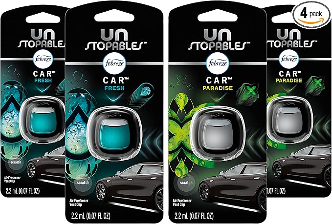 Febreze Car Air Fresheners, Unstopables Fresh & Paradise Scents, Odor Eliminator for Strong Odor, Car Vent Clips, 0.07 Fl Oz (Pack of 4)