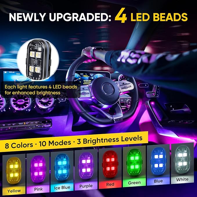 6PCS Wireless LED Lights with Remote Control, Upgraded 4LEDs 8 Colors, Interior Underglow Anti Collision Warning Strobe Light for Car Motorcycle Bike
