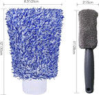 Pro Car Wash Mitt & Brush Kit: 2 Ultra Plush Chenille Mitts & Wheel Brush | Holds 10oz Water, Scratch-Free, Machine Washable | Includes Storage Bag
