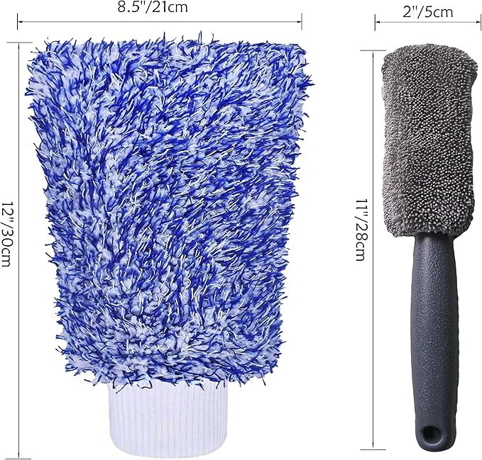 Pro Car Wash Mitt & Brush Kit: 2 Ultra Plush Chenille Mitts & Wheel Brush | Holds 10oz Water, Scratch-Free, Machine Washable | Includes Storage Bag