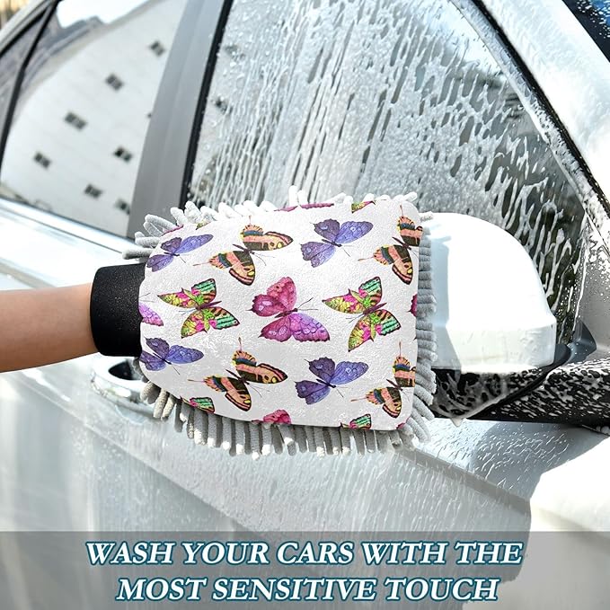 Qilmy Watercolor Butterflies Microfiber Chenille Car Wash Sponge Scratch Free Car Wash Mitt Absorbent Mitt Sponge for Trucks SUVs Car Washing Home Cleaning, Medium
