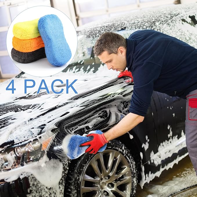 Tanlade 4 Pcs 2 Pack Large Microfiber Car Wash Sponge for Cleaning, Non Scratch Microfiber Sponges for Car Washing Supplies, Trucks and Motorcycles (Orange,Blue,Yellow,Gray)