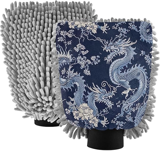 YETTASBIN Chinese Dragon 2PCS Car Wash Mitts, Ultra Absorbent Chenille Microfiber Car Washing Gloves, Scratch-Free Lint-Free Auto Cleaning Mitt, Machine Washable Elastic Cuff Car Wash Sponge