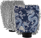 YETTASBIN Chinese Dragon 2PCS Car Wash Mitts, Ultra Absorbent Chenille Microfiber Car Washing Gloves, Scratch-Free Lint-Free Auto Cleaning Mitt, Machine Washable Elastic Cuff Car Wash Sponge