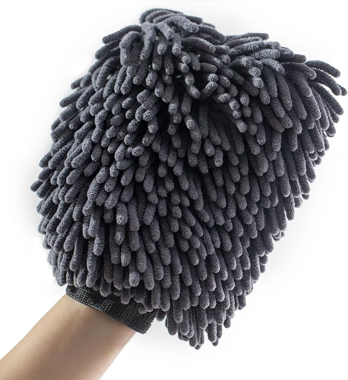 Chenille Microfiber Car Wash Mitt, Scratch-Free, Lint-Free, Highly Absorbent Cleaning Glove for Cars, Trucks & Motorcycles – Large, Gray