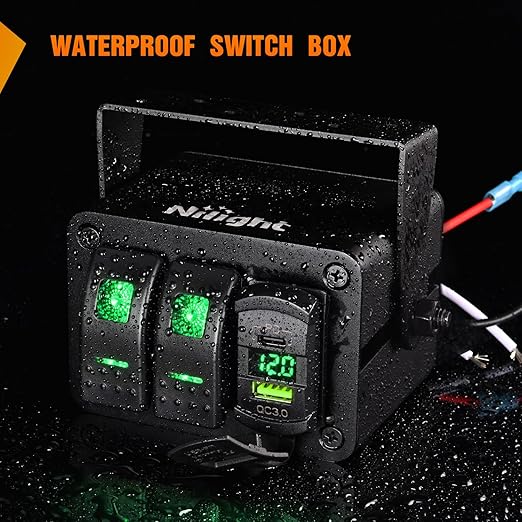 Nilight 2 Gang Rocker Switch Box 12V SPST ON Off Toggle Switches PD Type C and QC 3.0 USB Charger Voltmeter LED Light Waterproof Aluminum Mount Bracket Panel DIY Stickers for Boat Car RV Truck