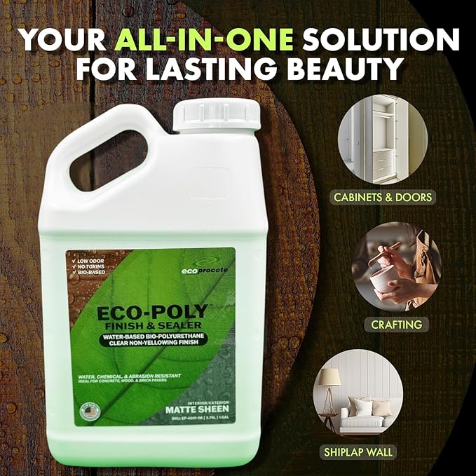Eco-Poly Polyurethane Sealer — Non-Toxic, Low Odor, Quick-Dry Water Based Protective Spar Varnish for Indoor & Outdoor, Clear Matte 1 Gallon Polyurethane Sealant for Wood, Concrete, Multiple Surfaces