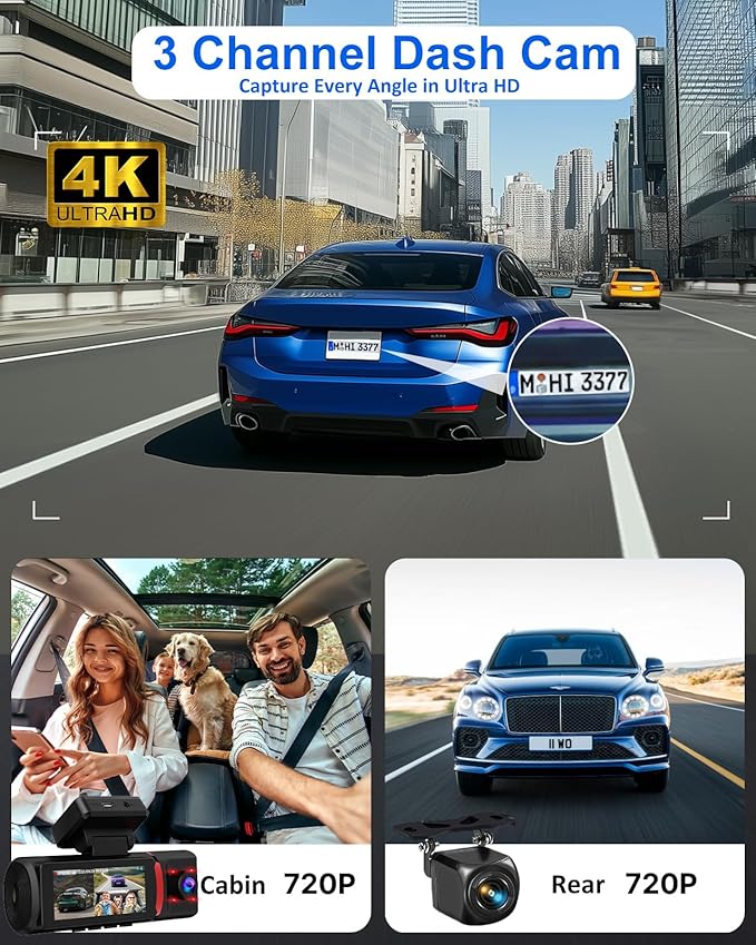 3 Channel Dash Cam Front and Rear Inside, 4K+720P+720P Dashcam, 5GHz WiFi GPS Dash Camera for Cars with 64GB Card, 24H Parking Monitor, Super Night Vision, Loop Recording, G-Sensor, WDR for Car Camera
