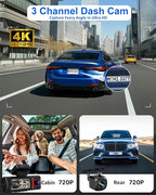 3 Channel Dash Cam Front and Rear Inside, 4K+720P+720P Dashcam, 5GHz WiFi GPS Dash Camera for Cars with 64GB Card, 24H Parking Monitor, Super Night Vision, Loop Recording, G-Sensor, WDR for Car Camera