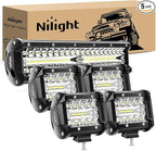 Nilight LED Light Bar 12 Inch 300W 4Pcs 4 Inch 60W Spot Flood Pods Off Road Driving Fog Work Lighting for Truck Tractor Pickup Boat SUV ATV UTV Car 4x4 Van Camper Motorcycle Dirt Bike Golf Cart