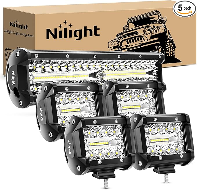 Nilight LED Light Bar 12 Inch 300W 4Pcs 4 Inch 60W Spot Flood Pods Off Road Driving Fog Work Lighting for Truck Tractor Pickup Boat SUV ATV UTV Car 4x4 Van Camper Motorcycle Dirt Bike Golf Cart