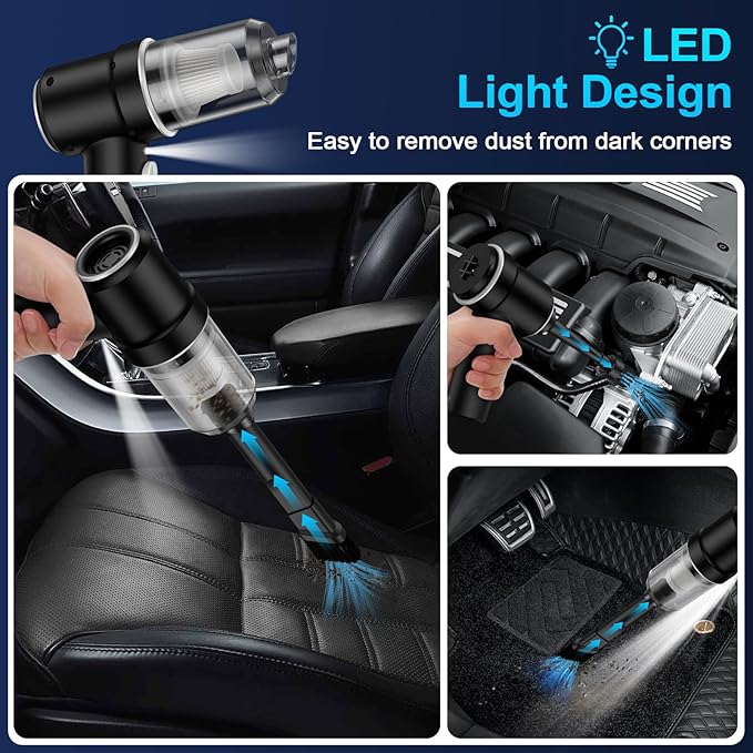 Handheld Cordless Car Vacuum, 3 in 1 Cleaner & Air Duster Blower & Hand Pump, 9000Pa High Power Mini Portable Dry Vacuum With LED Light for Car, Home, Pet