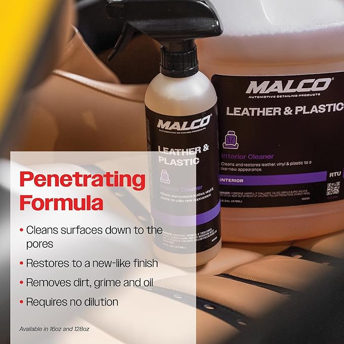 Malco Leather & Plastic Cleaner – Penetrates Deep to Remove Dirt, Grime and Oily Soils/Restores Leather, Plastic and Vinyl/Leaves Surfaces Clean, Shiny and Film-Free / 16 Oz. (100116)