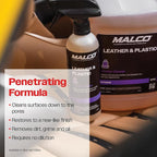 Malco Leather & Plastic Cleaner – Penetrates Deep to Remove Dirt, Grime and Oily Soils/Restores Leather, Plastic and Vinyl/Leaves Surfaces Clean, Shiny and Film-Free / 16 Oz. (100116)