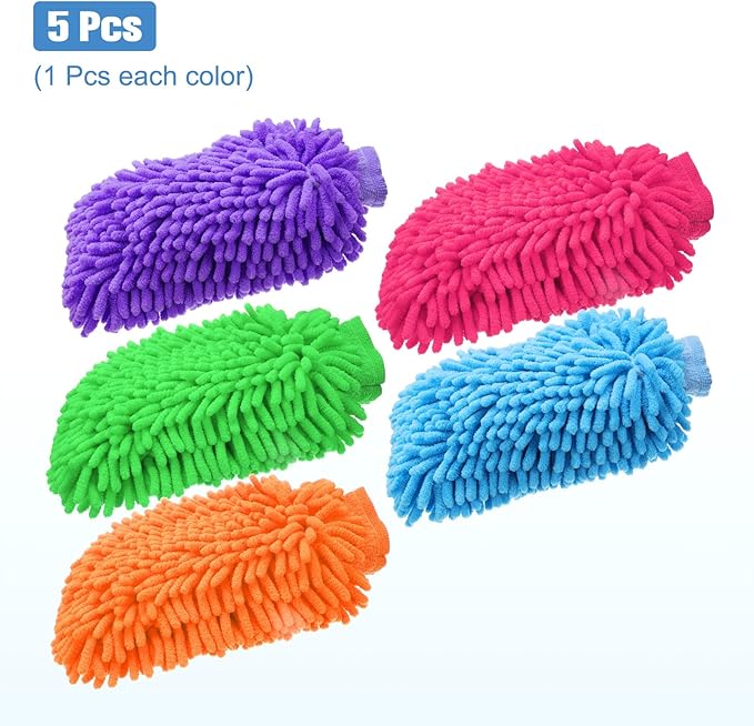 HARFINGTON 5pcs Chenille Microfiber Car Wash Mitts 9" x 5.5" Scratch Free Wash Gloves Absorbent Double Sided Plush 5 Color Cleaning Drying Mitts for Car Washing Home Clean