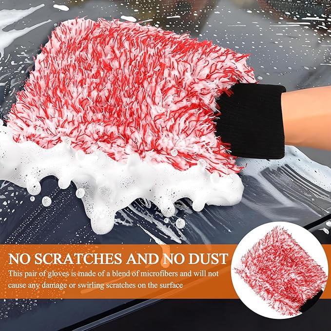 2PCS Car Wash Mitt, 11"×8" Cyclone Microfiber Cleaning Mitt for Cars, Scratch-Free & Lint-Free, Double Sided Automotive Washing Gloves, Universal Auto Cleaning Supplies (Red+White)