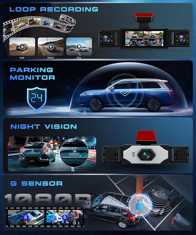 360° Dash Cam 1080P Front+480P Rear Left Right, 4 Channel Dash Cam for Car, 3.16 Inch IPS Dashcams with Night Vision, Loop Recording, Motion Detection, 24/7 Parking Monitor, Reversing Help