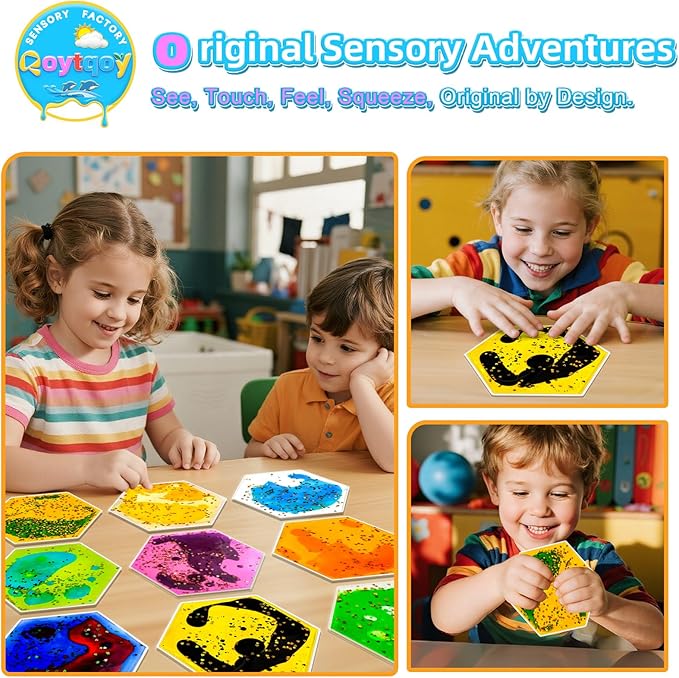 Squishy Liquid Sensory Gel Tiles 12 Packs - Hexagon Liquid Sensory Pads for Stress Relief & Fidget Fun, Washable Sensory Floor Tiles for Toddles 3+ Home, Classroom, Travel