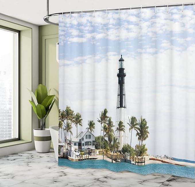 Ambesonne United States Shower Curtain, Hillsboro Lighthouse Pompano Beach Florida Atlantic Ocean Palms Coast, Cloth Fabric Bathroom Decor Set with Hooks, 69" W x 70" L, Blue White Green