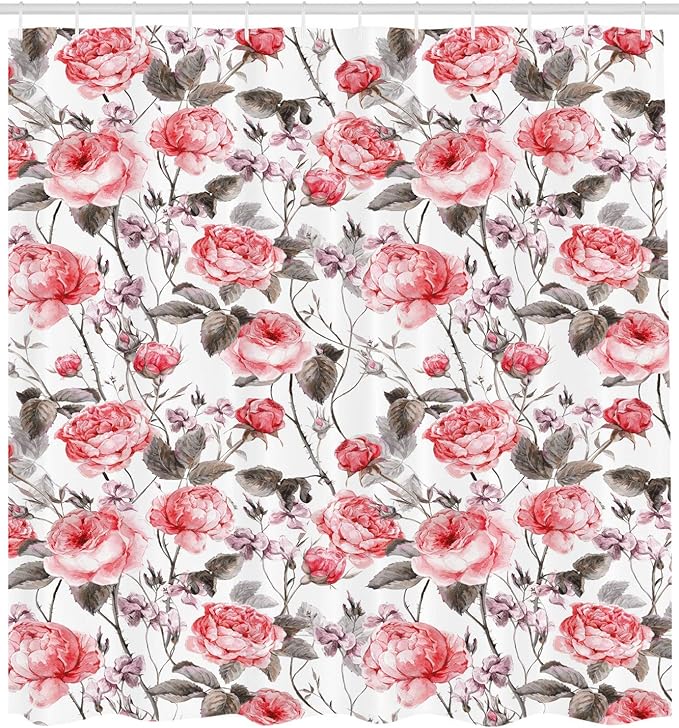 Ambesonne Rose Shower Curtain, Classic Vintage Floral Pattern Watercolor Style Bouquet of English Roses Wildflowers, Cloth Fabric Bathroom Decor Set with Hooks, 69" W x 75" L, Coral Taupe