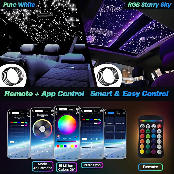 Split Starlight Headliner Kit - 800pcs 0.02in 4.9ft Fiber Optic RGBW Star Lights for Car with 4 Light Heads 16W Engine Easy to Hide,Flexible Wiring,APP/Remote Control for Car Roof Ceiling
