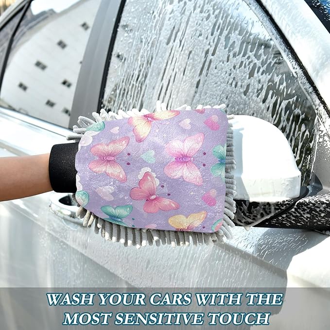 YETTASBIN Butterfly 2PCS Car Wash Mitts, Ultra Absorbent Chenille Microfiber Car Washing Gloves, Scratch-Free Lint-Free Auto Cleaning Mitt, Machine Washable Elastic Cuff Car Wash Sponge
