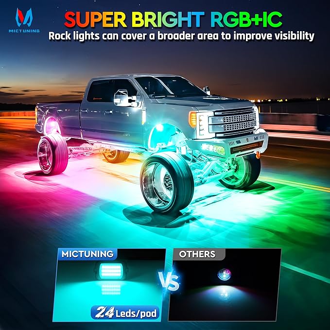MICTUNING 2026 1000% Bright Q1 MAX RGB+IC LED Rock Lights, 48 LEDs 2 Pods Chasing Dreamcolor Extensible Underglow Multicolor Neon Light Underbody Lighting Kit for Truck ATV UTV Boat (No Controller)