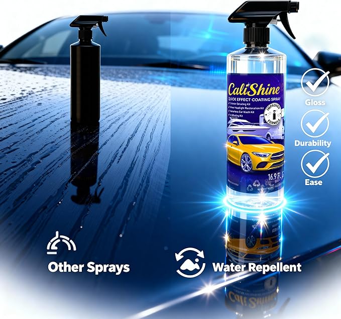 CaliShine Quick Effect Coating Spray - 16.9 fl oz Waterless Ceramic Car Wax Coat - Detail Polish & Cleaner for Cars Boat Body & Glasses, Window Glass and Headlight - Shine Restoration Kit (1000 ml)
