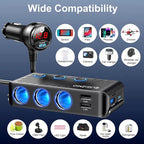 EUGIZMO Cigarette Lighter Adapter, 222W 3 Socket Car Cigarette Lighter Plug USB Charger Multi Port 12V Car Plug Outlet Splitter with LED Voltage Display Independent Switches