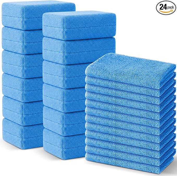 HunnmingRe 24 Pcs Microfiber Applicator Pad Kit Include Non Scratch Car Wash Sponge and Cleaning Cloth Microfiber Towels Premium Wax Foam Applicator Pads for Car Drying, Detailing, Buffing