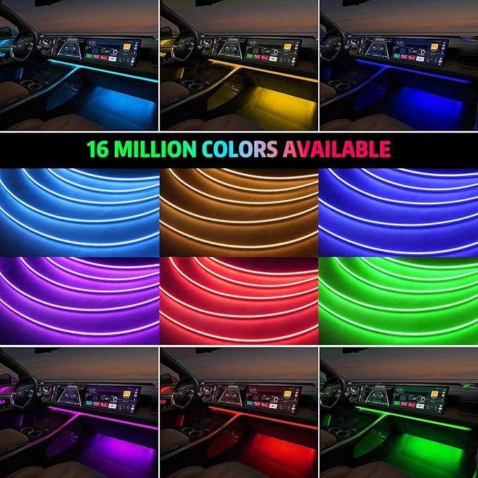 Acrylic Interior Car LED Strip Light, AMKI Car Neon Light with APP Control, 16 Million Colors Sound Activated Car Accessories Car Ambient Lighting Kit with RGB 18 in 1 and 213 Modes 175 inches 593 LED