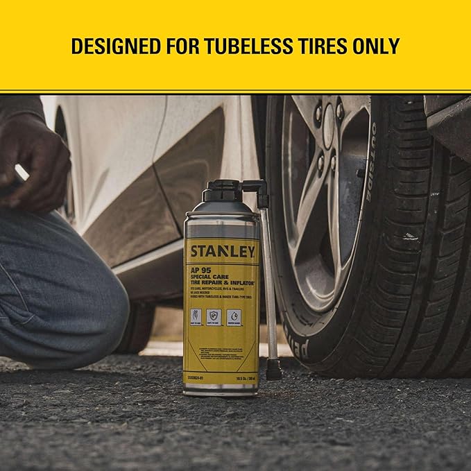 STANLEY AP95 Tire Repair & Inflator – (12x10 oz.) Flat Tire Sealant Spray Kit for Car, Bike, Motorcycle – Seals & Inflates Tubeless Tires – No Jack Needed – Emergency Tire Fix – Rim Safe | 12 Pack