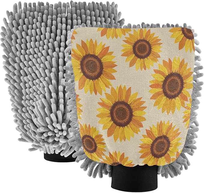 Qilmy Sunflower Seamless Fabric Microfiber Chenille Car Wash Sponge Scratch Free Car Wash Mitt Absorbent Mitt Sponge for Trucks SUVs Car Washing Home Cleaning, Medium