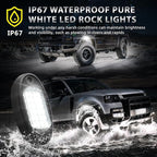 4 Pods White LED Rock Lights with Switch Extension Harness, 6000K 24 LEDs Pure White Neon Underglow Light for ATV SUV UTV RZR SXS Car Trailer Truck, IP67 Waterproof Under Trail Rig Fender Lighting