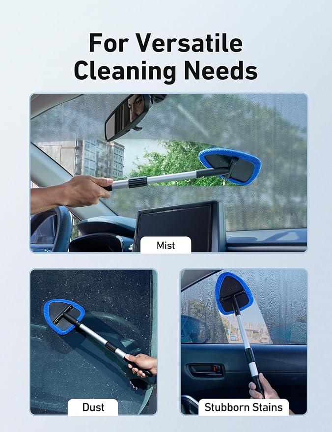 AstroAI 26" Windshield Cleaner Tool, Car Interior Window Detailing Cleaning Kit with Extendable Handle and 4 Easy-to-Install Reusable Microfiber Pads, Auto Glass Wiper Brush Kit for Car&Home, Blue