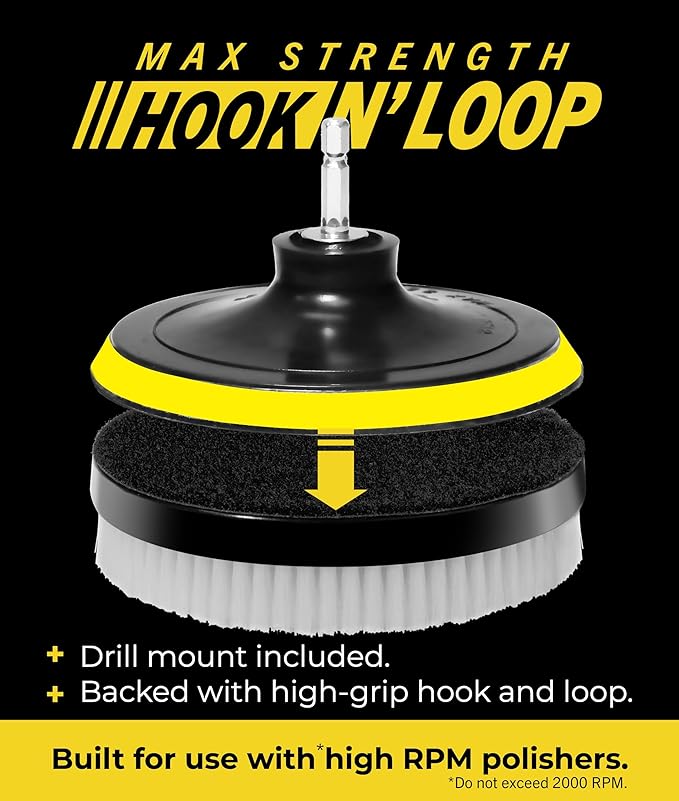 VViViD Drill Backing Plate + Power Scrub Brush Attachment, 4” inch / 100mm Diameter Surface Area, Hard Bristles