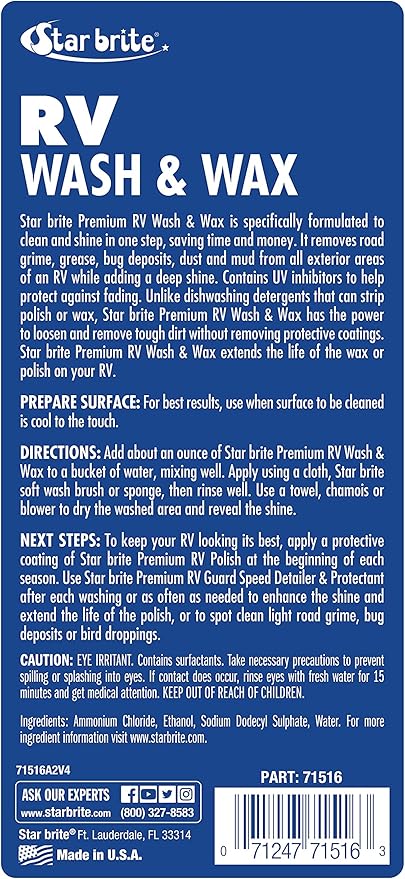 STAR BRITE RV Wash & Wax - One-Step Concentrated Cleaner, UV Protection - Ideal for RV, Camper Cleaning - 16 OZ (071516P)