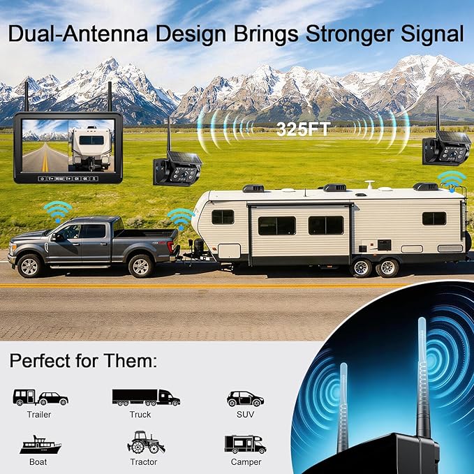 Fookoo Dual Magnetic Solar Wireless Backup Camera, 7" DVR Monitor with BSD HD 1080P Portable 2 Rear View Cameras Night Vision Waterproof for Truck Trailer Pickup RV Camper Trailer Tractor DTC702