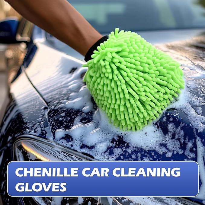 Car Wash Mitt Microfiber Gloves Chenille Material Microfiber Towels for Car Washing Supplies Kit Scratch Free Cleaning Fluorescent Green 2Pcs