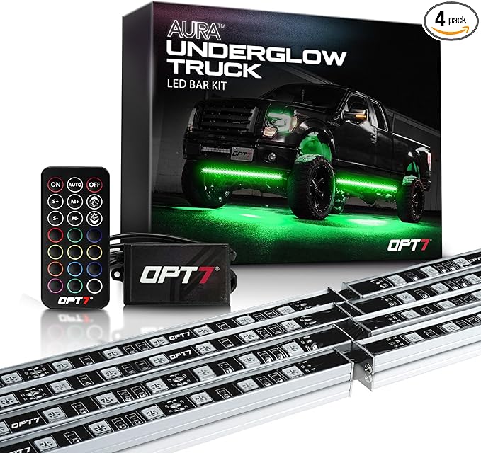 OPT7 Aura Aluminum Underglow LED Lighting Kit for Truck with Remote Control, 12V Exterior Waterproof Light Bar, RGB Multicolor Neon Accent Under Car Decorations, Off Road Pickup Jeep Gifts